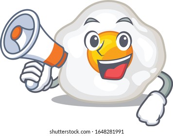 A mascot of fried egg speaking on a megaphone