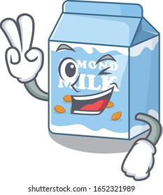 mascot of funny almond milk cartoon Character with two fingers