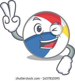 mascot of funny beach ball cartoon Character with two fingers