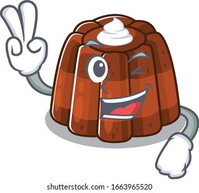 mascot of funny chocolate pudding cartoon Character with two fingers