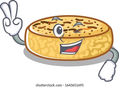 mascot of funny crumpets cartoon Character with two fingers