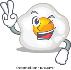 mascot of funny fried egg cartoon Character with two fingers