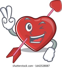 mascot of funny heart and arrow cartoon Character with two fingers