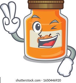 mascot of funny peach jam cartoon Character with two fingers