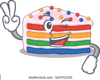 mascot of funny rainbow cake cartoon Character with two fingers