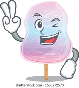 mascot of funny rainbow cotton candy cartoon Character with two fingers