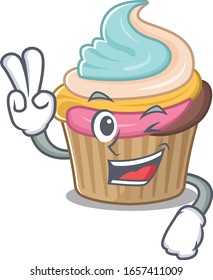 mascot of funny rainbow cupcake cartoon Character with two fingers
