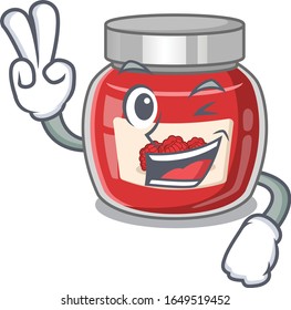 mascot of funny raspberry jam cartoon Character with two fingers