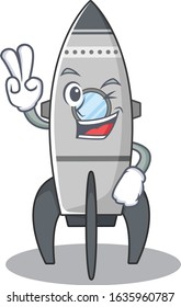 mascot of funny rocket cartoon Character with two fingers