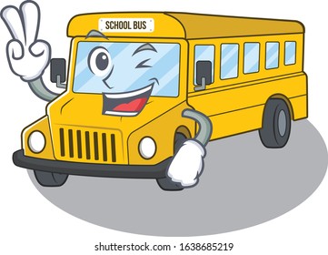 mascot of funny school bus cartoon Character with two fingers