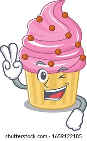 mascot of funny strawberry cupcake cartoon Character with two fingers