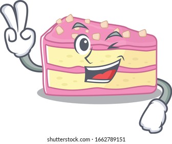 mascot of funny strawberry slice cake cartoon Character with two fingers