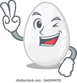 mascot of funny white egg cartoon Character with two fingers
