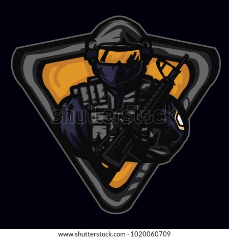 Mascot for gamers. With special forces soldier armed with assault rifle on orange shield. Counter terrorist