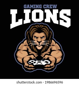 mascot gaming logo of lion holding the joystick