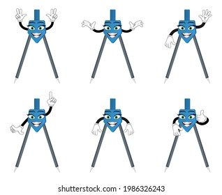 Mascot geometry compass character standing and doing different actions isolated