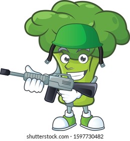 A mascot of green broccoli as an Army with machine gun
