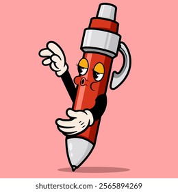 Mascot Groovy trendy retro trippy psychedelic confused red fountain pen character cartoon for element design