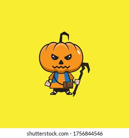mascot hallowen pumpkin designs who are holding sticks and wearing bags