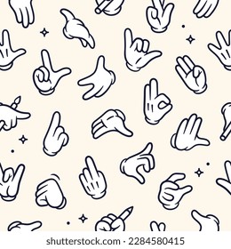 Mascot hand seamless pattern. Vector background of different vintage elements. Cartoon hands of old 1920 to 1950 design style.