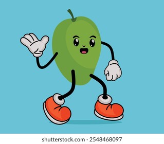 Mascot Happy Mango Design Waving Hand with Happy Expression in Flat Cute Cartoon Style