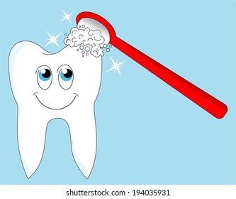Mascot of happy white, shiny cartoon tooth with eyes, smiling and red toothbrush, vector art image illustration, isolated on blue background. 