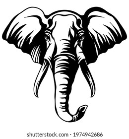 Mascot. Head of elephant. Vector illustration black color front view of wild animal isolated on white background. For decoration, print, design, logo, sport clubs, tattoo, t-shirt design, stickers