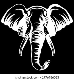 Mascot. Head of elephant. Vector illustration white color front view of wild animal isolated on black background. For decoration, print, design, logo, sport clubs, tattoo, t-shirt design, stickers