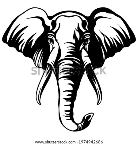Mascot. Head of elephant. Vector illustration black color front view of wild animal isolated on white background. For decoration, print, design, logo, sport clubs, tattoo, t-shirt design, stickers