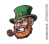 Mascot head of an evil leprechaun with a pipe. Vector illustration on a white background.