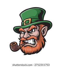 Cabeça de mascote de um leprechaun malvado com um cachimbo. Ilustração vetorial em um fundo branco.