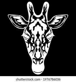 Mascot. Head of giraffe. Vector illustration white color front view of wild animal isolated on black background. For decoration, print, design, logo, sport clubs, tattoo, t-shirt design, stickers