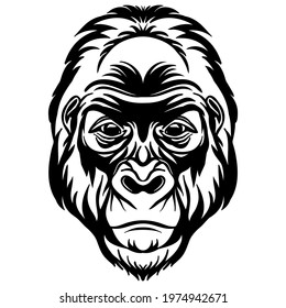 Mascot. Head of gorilla. Vector illustration black color front view of monkey isolated on white background. For decoration, print, design, logo, sport clubs, tattoo, t-shirt design, stickers, apparel
