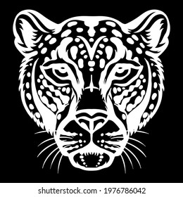 Mascot. Head of leopard. Vector illustration white color front view of wild cat isolated on black background. For decoration, print, design, logo, sport clubs, tattoo, t-shirt design, stickers,apparel