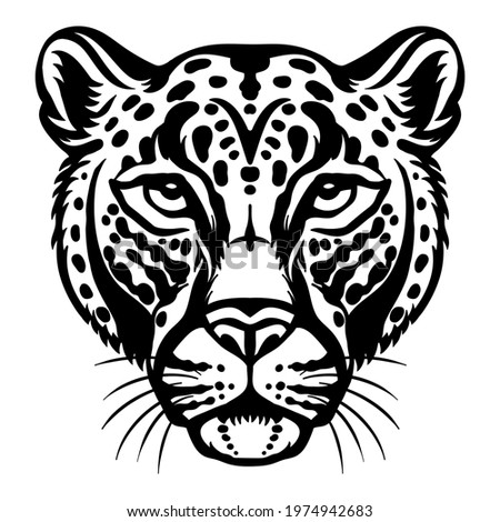 Mascot. Head of leopard. Vector illustration black color front view of wild cat isolated on white background. For decoration, print, design, logo, sport clubs, tattoo, t-shirt design, stickers,apparel
