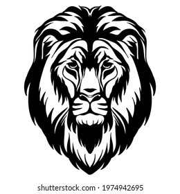 Mascot. Head of lion. Vector illustration black color front view of wild cat isolated on white background. For decoration, print, design, logo, sport clubs, tattoo, t-shirt design, stickers, apparel