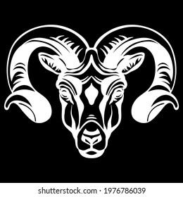Mascot. Head of ram. Vector illustration white color front view of wild animal isolated on black background. For decoration, print, design, logo, sport clubs, tattoo, t-shirt design, stickers