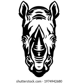 Mascot. Head of rhino. Vector illustration black color front view of wild animal isolated on white background. For decoration, print, design, logo, sport clubs, tattoo, t-shirt design, stickers
