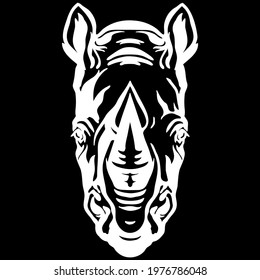 Mascot. Head of rhino. Vector illustration white color front view of wild animal isolated on black background. For decoration, print, design, logo, sport clubs, tattoo, t-shirt design, stickers