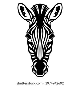 Mascot. Head of zebra. Vector illustration black color front view of wild animal isolated on white background. For decoration, print, design, logo, sport clubs, tattoo, t-shirt design, stickers