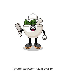 Mascot of herbal bowl as a butcher , character design