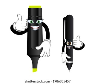 Mascot highlighter pen and pen characters standing and showing like thumb up with cheerful expression
