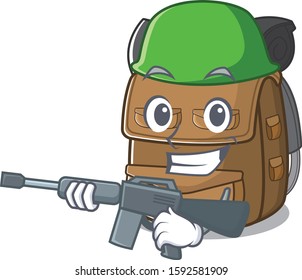 A mascot of hiking backpack Scroll Army with machine gun