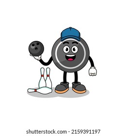 Mascot of hockey puck as a bowling player , character design