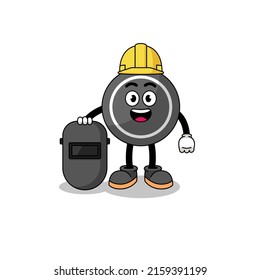 Mascot of hockey puck as a welder , character design
