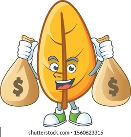 Mascot a holding money bag with yellow autumn leaves