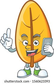 Mascot a with holding phone with yellow autumn leaves