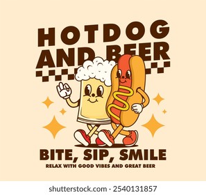 mascota hot dog y taza de cerveza retro vintage personaje de dibujos animados Ilustración. se puede utilizar como camiseta, pegatina, póster, diseño de impresión y otros usos.