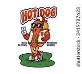 Mascot Hot Dog, Mascot Sticker, Hot Dog Vector,  VIintage, 80s, Retro Cartoon, Sticker, T-Shirt
