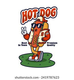 Mascot Hot Dog, Mascot Sticker, Hot Dog Vector,  VIintage, 80s, Retro Cartoon, Sticker, T-Shirt